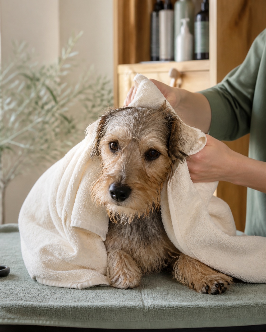 Ein kleiner Hund wird nach der Fellwäsche behutsam mit einem Handtuch getrocknet
